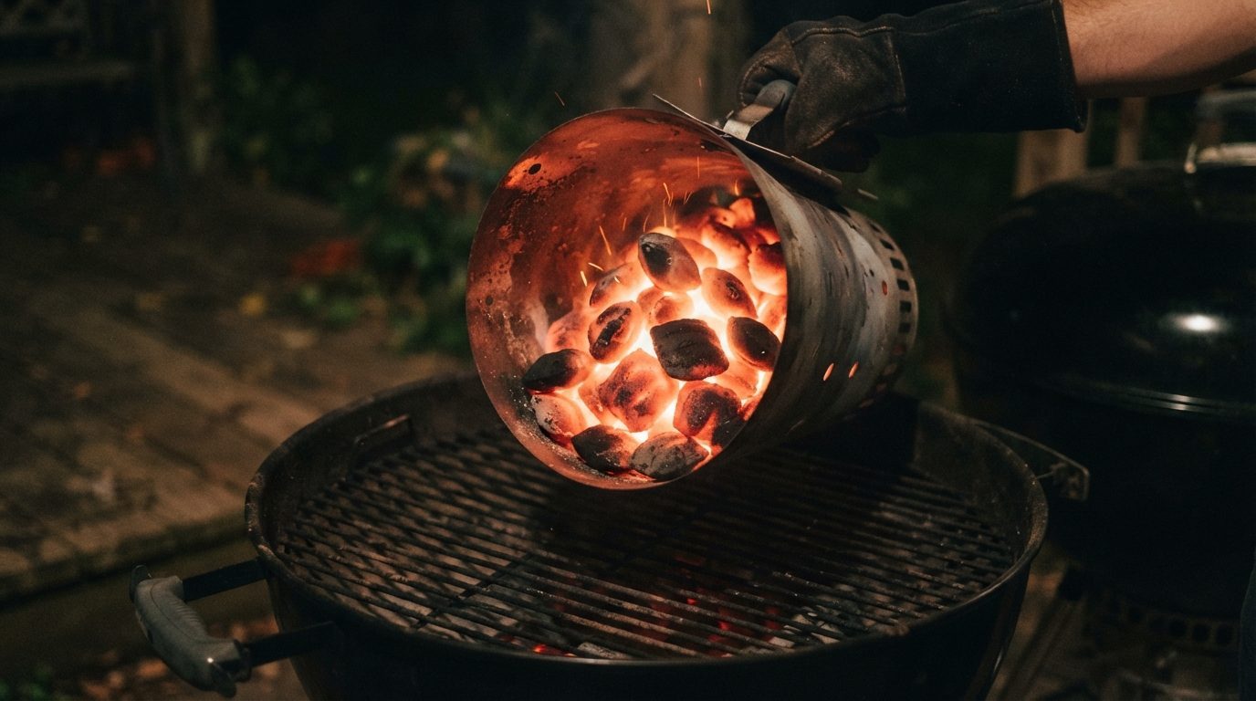 Rødt glødende kul i en kulstarter påfyldes i grillens kulkurv
