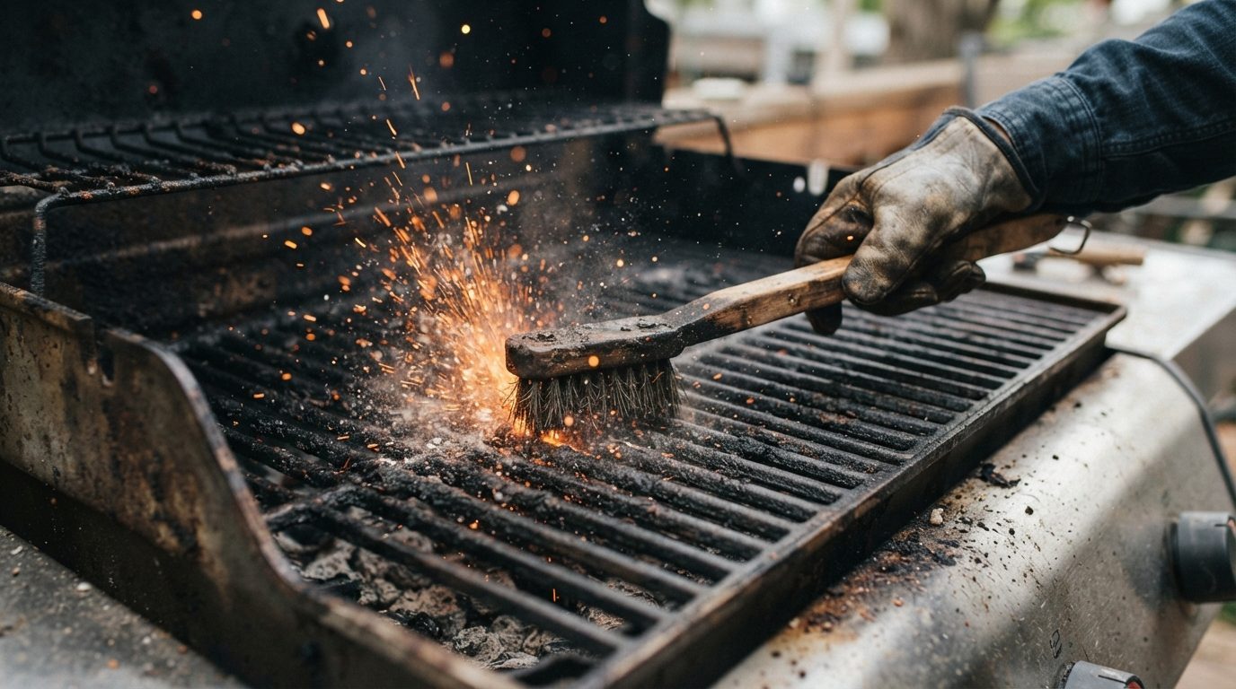 Grillen blir rengjort med grillbørste, kul og smuds springer af
