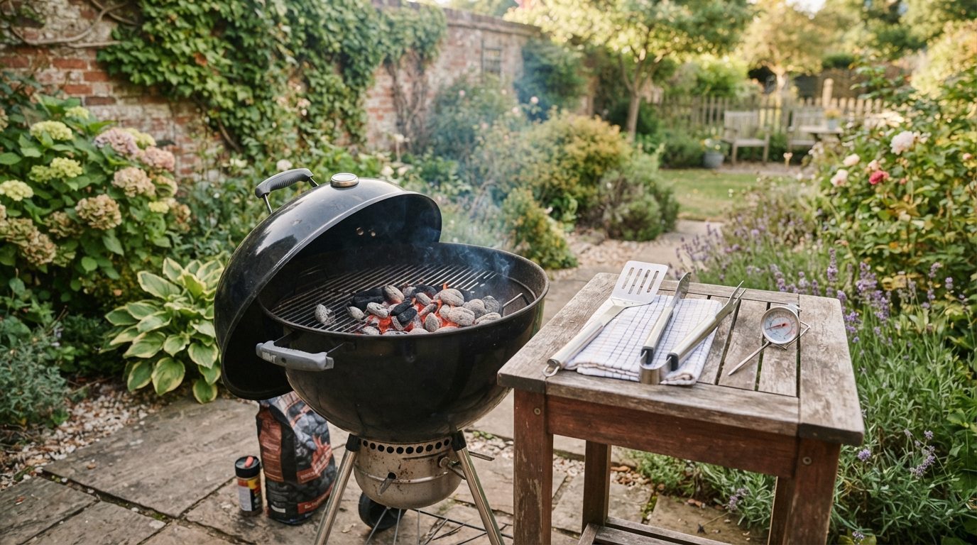 Grilludstyr organiseret ved siden af grillen med kul, værktøj og tilbehør parat til brug
