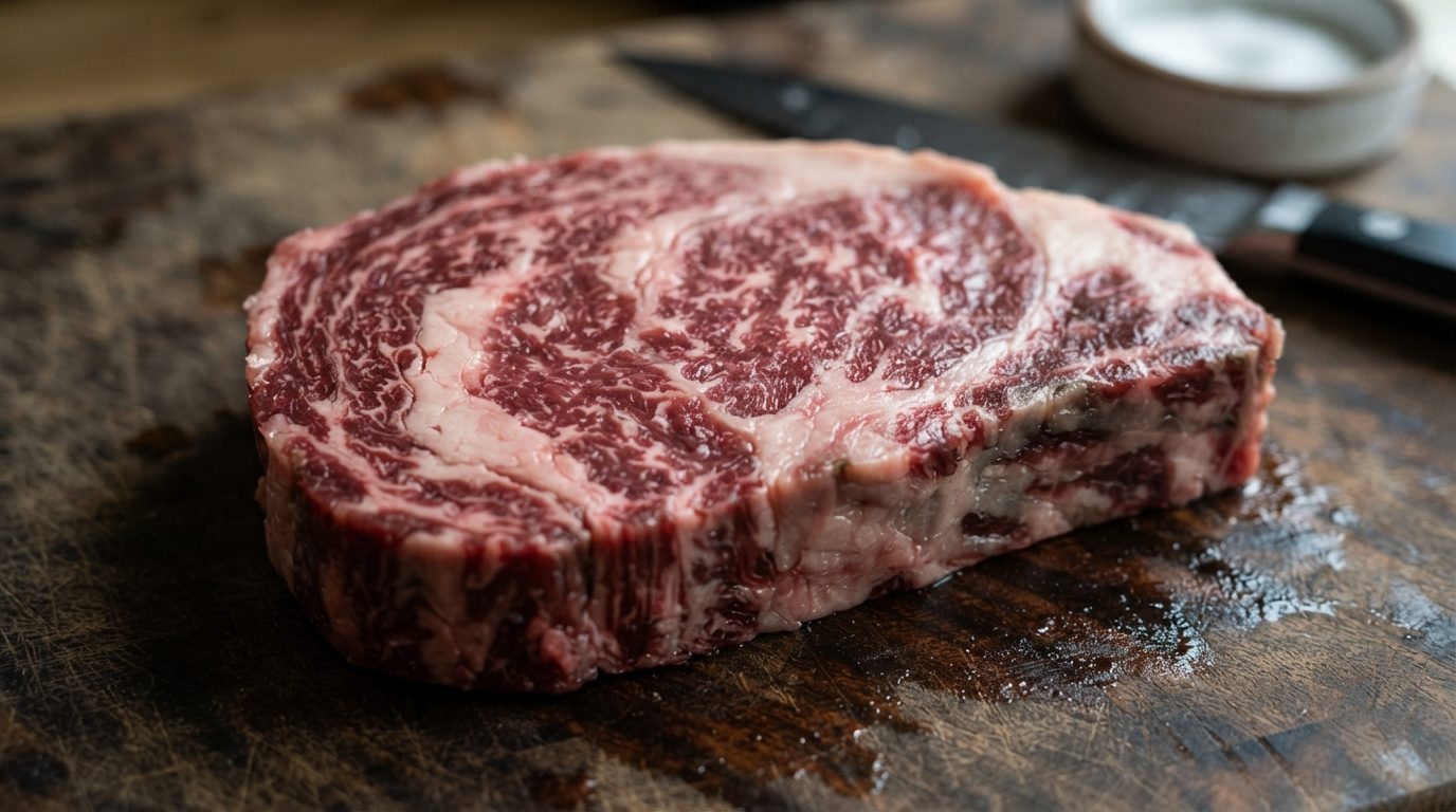 Ribeye kødstyke med tydelig fedtmarmorering set i nærbillede