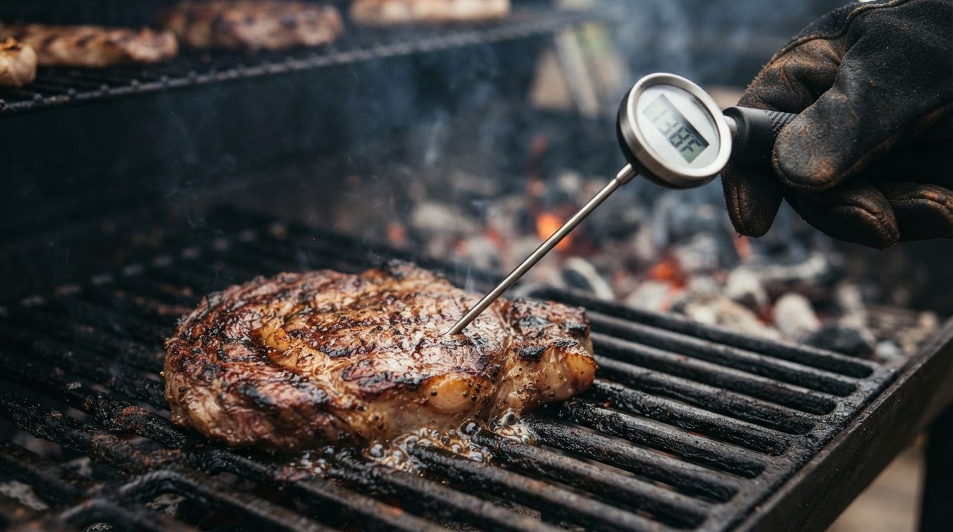 Køltermometer stikkes ind i grillkaet for at måle den indre temperatur