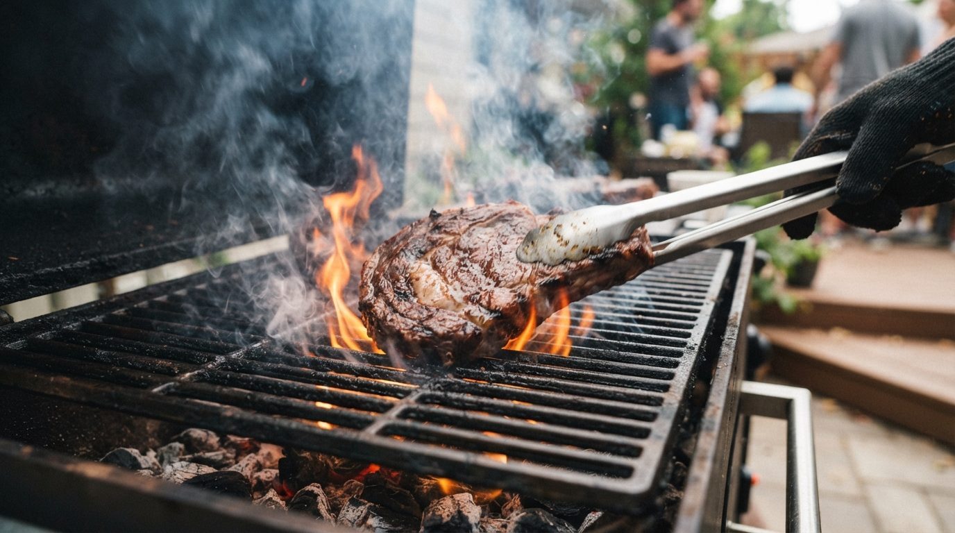 Grilltænger vender kødet på grillen med synlige flammer og røg