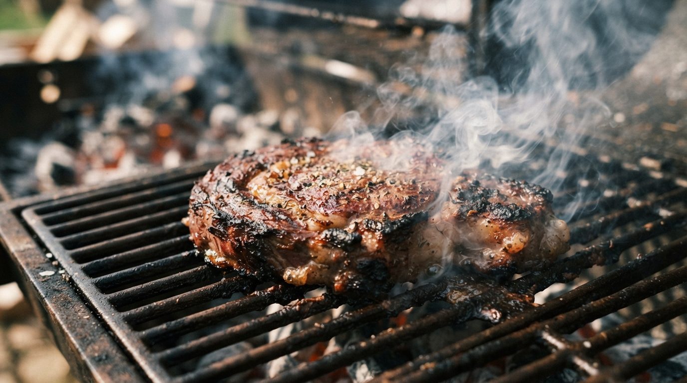 Gyldenbrunt grilkaet med røgslør på grillen, set oppefra med varme og glødende kul under