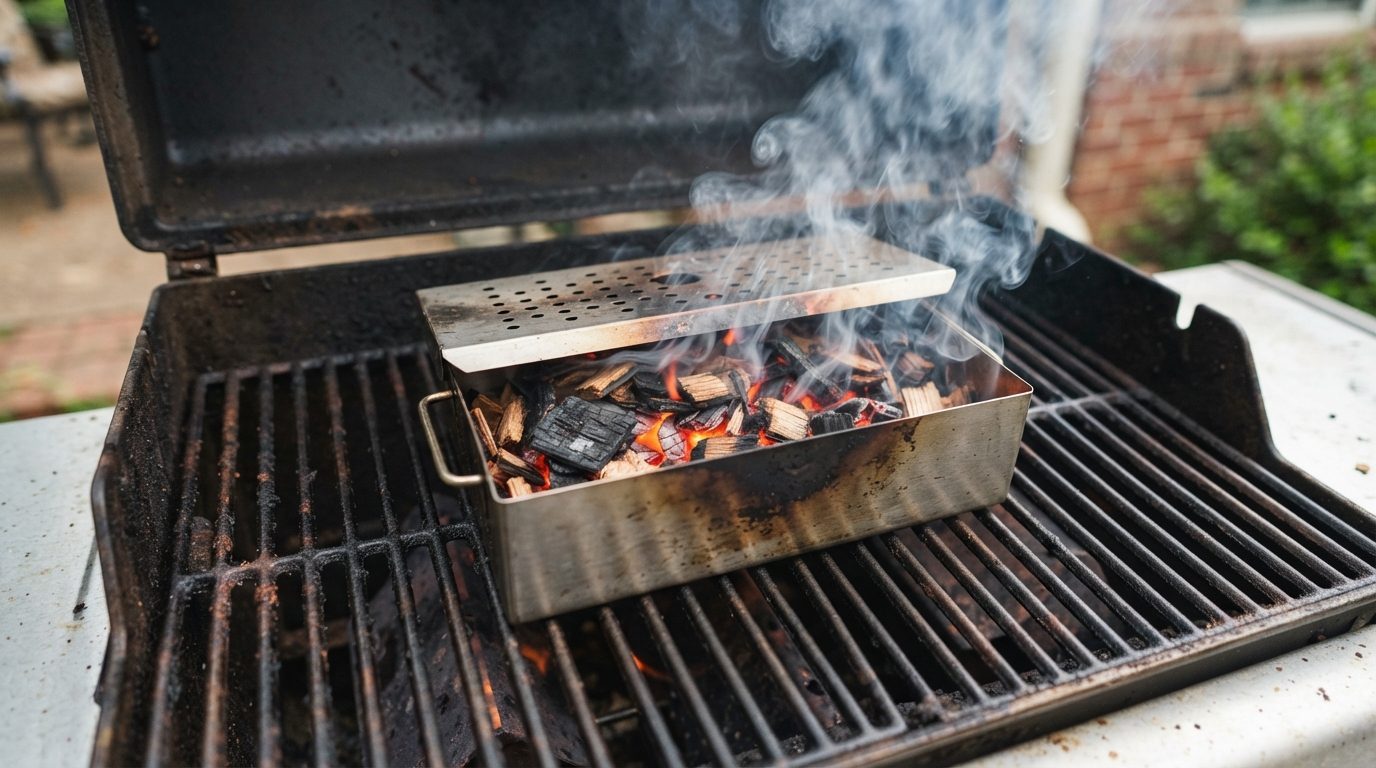 Træstykker glødende i et røgkammer på grillen med glødende kulstykker