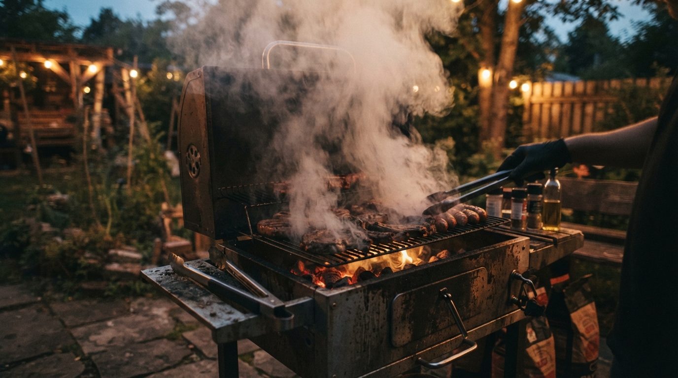 Tyk røg stiger fra grillen og omgiver kødet, tydelig røgdannelse med varm belysning